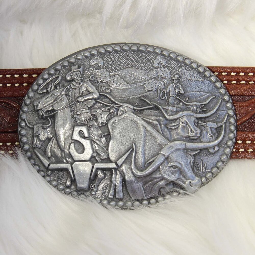 Western Cowboy & Cattle Belt Buckle – Zee Series, Silver Tone Rodeo Accessory